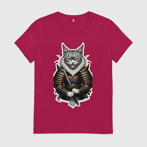 Женская футболка Серьезный кот самурай / Маджента – фото 1