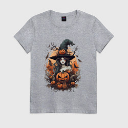 Футболка хлопковая женская Колдунья с тыквами, цвет: меланж