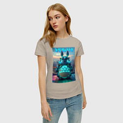 Футболка хлопковая женская Cyber Totoro - neon glow fantasy, цвет: миндальный — фото 2