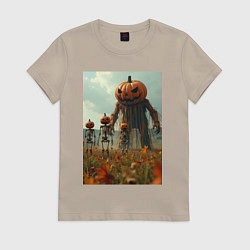 Футболка хлопковая женская Монстры тыквы в поле, цвет: миндальный