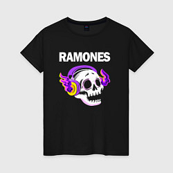 Футболка хлопковая женская Ramones - неоновый череп, цвет: черный