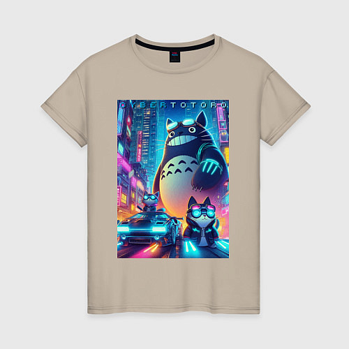 Женская футболка Totoro and cats - cyberpunk / Миндальный – фото 1