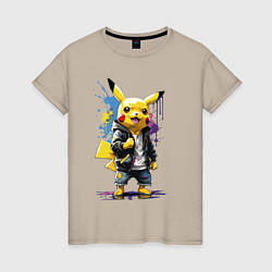 Футболка хлопковая женская Cool Pikachu - watercolor sketch, цвет: миндальный