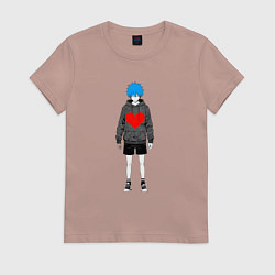 Футболка хлопковая женская Мальчик аниме с сердцем, цвет: пыльно-розовый