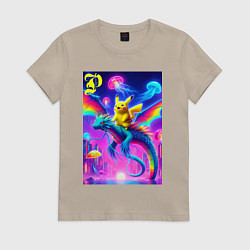 Футболка хлопковая женская Пикачу верхом на водяном драконе, цвет: миндальный