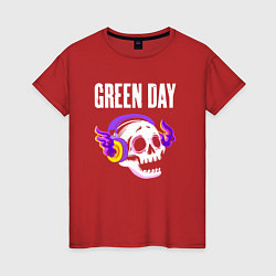 Футболка хлопковая женская Green Day - неоновый череп, цвет: красный