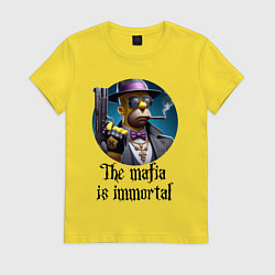 Футболка хлопковая женская Гомер Симпсон с пистолетом - мафия бессмертна, цвет: желтый