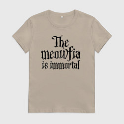 Футболка хлопковая женская Мяуфия бессмертна - девиз, цвет: миндальный