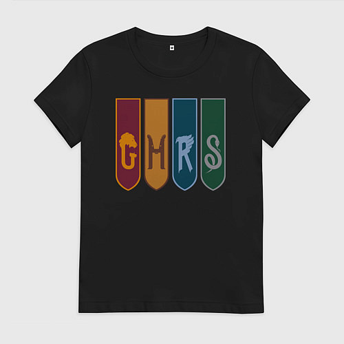 Женская футболка Гербы факультетов Хогвартс Гарри Поттер / Черный – фото 1