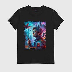 Футболка хлопковая женская Гарри Поттер с волшебной палочкой - нейроарт фанта, цвет: черный