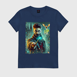 Футболка хлопковая женская Harry Potter with a magic wand - ai art fantasy, цвет: тёмно-синий