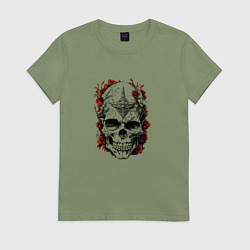 Футболка хлопковая женская Череп с красными цветами, цвет: авокадо