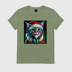 Футболка хлопковая женская Новогодний кибер котик - нейроарт, цвет: авокадо