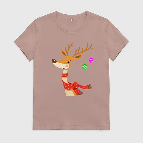 Женская футболка Олень новогодний с ёлочными шарами / Пыльно-розовый – фото 1
