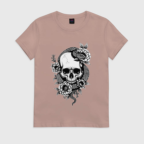 Женская футболка Змея на черепе с цветами / Пыльно-розовый – фото 1