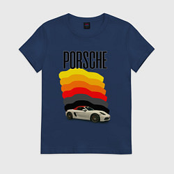 Футболка хлопковая женская Автомобиль Porsche на фоне флага ФРГ, цвет: тёмно-синий