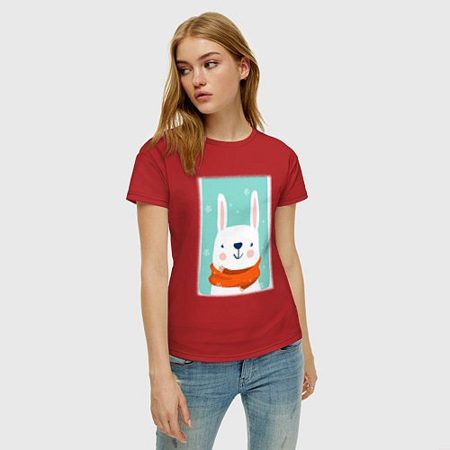 Женская футболка Снежный заяц с шарфом / Красный – фото 3