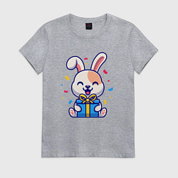 Футболка хлопковая женская Радостный зайчик с подарком, цвет: меланж