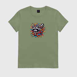 Футболка хлопковая женская Енот в брызгах краски, цвет: авокадо