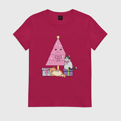 Футболка хлопковая женская Котики под елкой, цвет: маджента