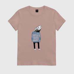 Футболка хлопковая женская Рыба в свитере - нейросеть, цвет: пыльно-розовый
