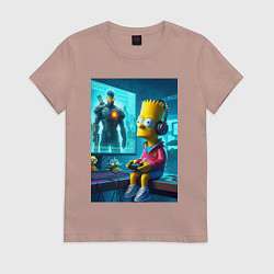 Футболка хлопковая женская Bart Simpson is an avid gamer, цвет: пыльно-розовый