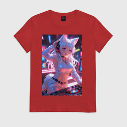 Футболка хлопковая женская Лиса диджей в клубе, цвет: красный
