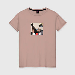 Футболка хлопковая женская Видеозвонок с кошкой - мем для пары, цвет: пыльно-розовый