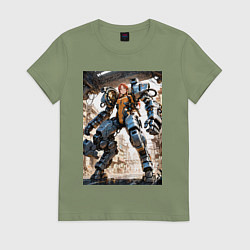 Футболка хлопковая женская Девушка управляет огромным мехом, цвет: авокадо