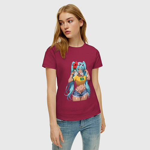 Женская футболка Miku Hatsune с цветком / Маджента – фото 3