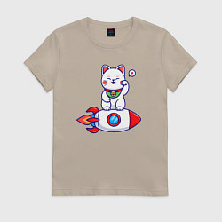Футболка хлопковая женская Кот на ракете, цвет: миндальный