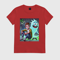 Футболка хлопковая женская Морти и призрак Рика Санчеса - нейроарт фантазия, цвет: красный