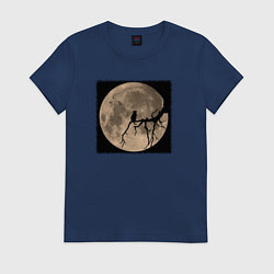 Футболка хлопковая женская Кот смотрит на луну, цвет: тёмно-синий