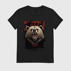 Футболка хлопковая женская Медведь гризли, цвет: черный