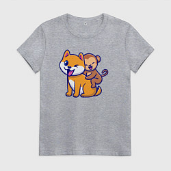 Футболка хлопковая женская Собачка и обезьянка, цвет: меланж