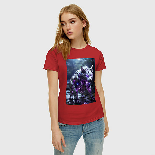 Женская футболка Киборг лиса с неоновой подсветкой / Красный – фото 3