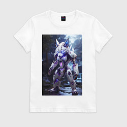 Футболка хлопковая женская Киборг лиса с неоновой подсветкой, цвет: белый