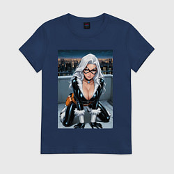 Футболка хлопковая женская Черная кошка на крыше небоскреба, цвет: тёмно-синий