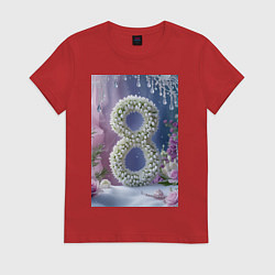 Футболка хлопковая женская Ландыши к 8 марта на снегу, цвет: красный