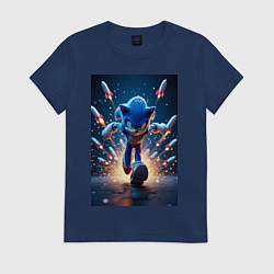Футболка хлопковая женская Соник убегает от ракет, цвет: тёмно-синий