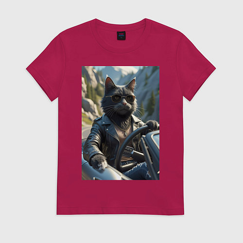 Женская футболка Кот за рулем кабролета / Маджента – фото 1