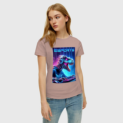 Женская футболка Tyrannosaurus is esports player - neon glow / Пыльно-розовый – фото 3