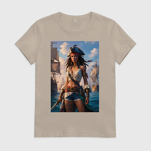 Женская футболка Пиратка на фона флотилии кораблей / Миндальный – фото 1