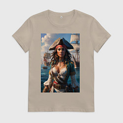 Футболка хлопковая женская Пиратка на фона флотилии кораблей, цвет: миндальный