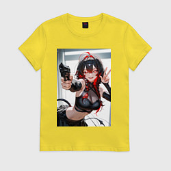 Футболка хлопковая женская Девушка-демон с пистолетом, цвет: желтый
