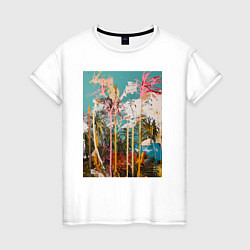Футболка хлопковая женская Абстрактная графическая картина с пальмами, цвет: белый