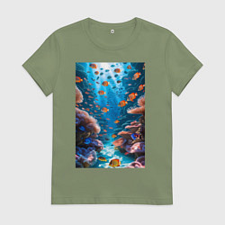 Футболка хлопковая женская Подводный коралловый риф с рыбками, цвет: авокадо