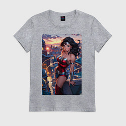 Футболка хлопковая женская Чудо-женщина с городским фоном в стиле комиксов, цвет: меланж
