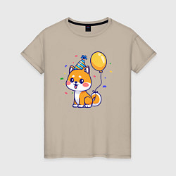 Футболка хлопковая женская Праздничная собачка, цвет: миндальный