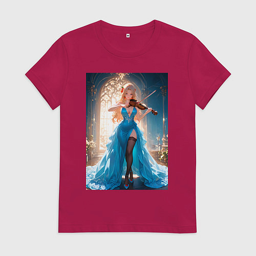 Женская футболка Девушка в вечернем платье играет на скрипке / Маджента – фото 1